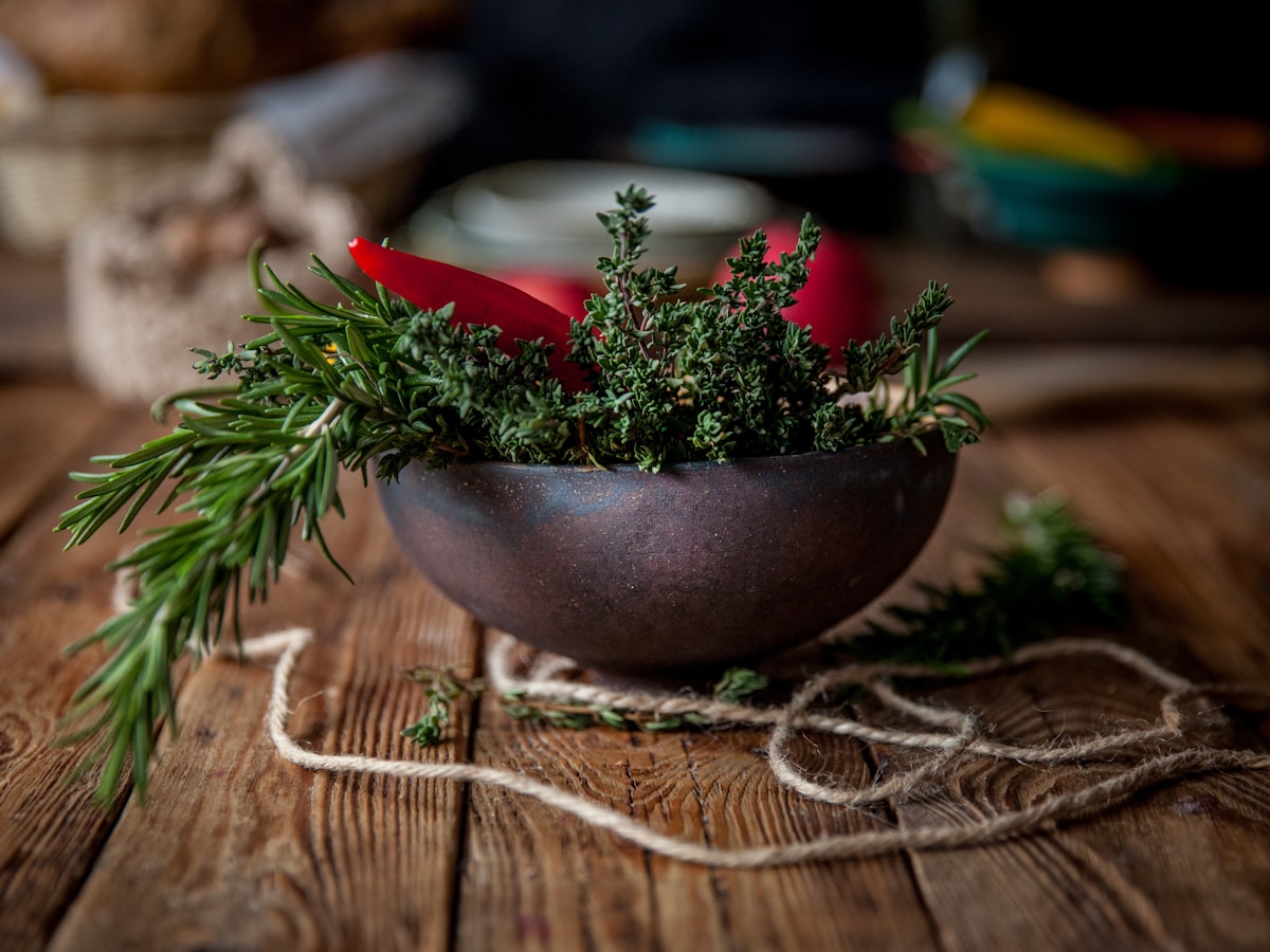 Naturally dried wild thyme leaves in a bowl